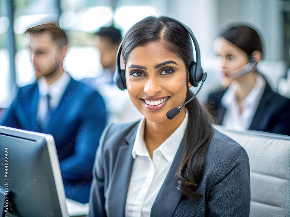 Smiling young woman from India wearing a professional attire and headset, sitting in front of a computer, looking confident and focused in a call center environment. Smiling young woman from India wearing a professional attire and headset, sitting in front of a computer, looking confident and focused in a call center environment.