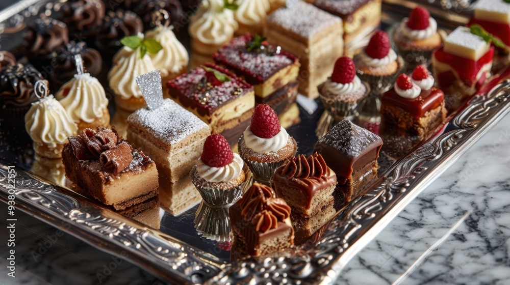 A beautifully arranged selection of petit fours on a silver tray, each one intricately decorated A beautifully arranged selection of petit fours on a silver tray, each one intricately decorated