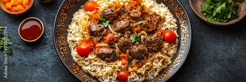 Delicious Middle Eastern Rice Dish with Meat and Tomatoes - This image showcases a mouthwatering Middle Eastern rice dish, featuring tender meat, flavorful tomatoes, and fluffy rice. The dish is prese photo