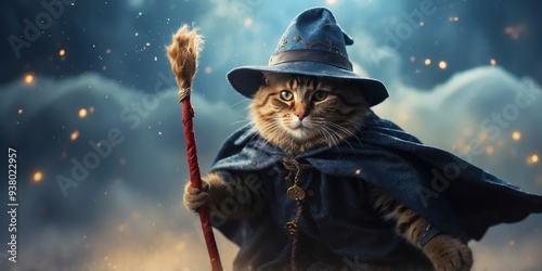 A magical cat riding a broomstick through the clouds, with a cape and hat. photo