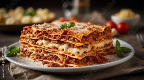 Freshly baked lasagna with layers of pasta, meat, and cheese. photo