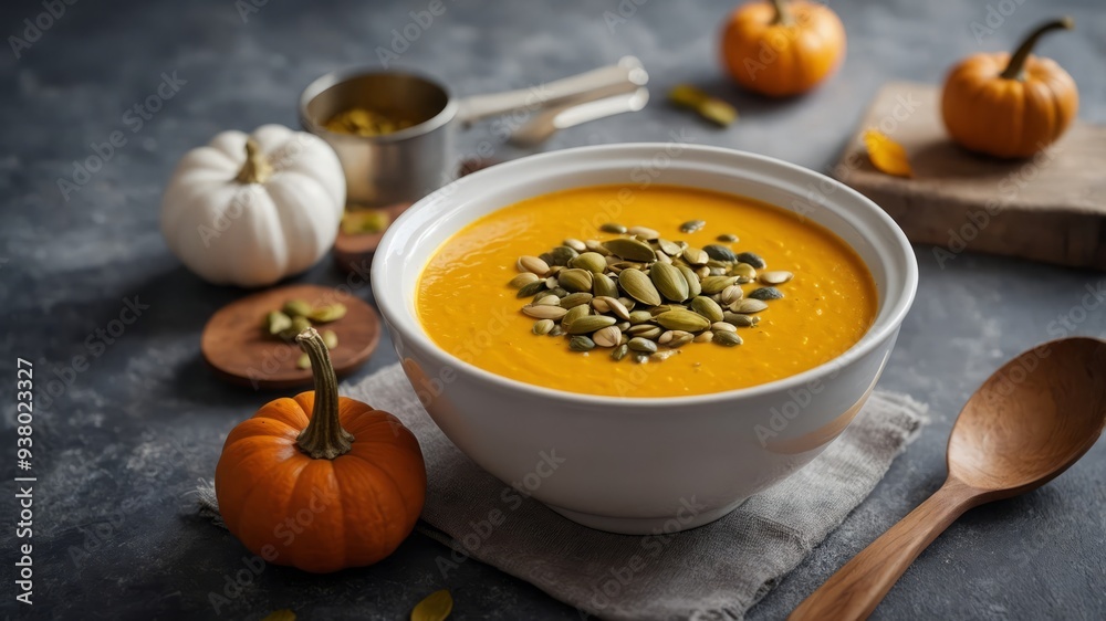 tasty creamy pumpkin soup with cream and pumpkin seeds. tasty creamy pumpkin soup with cream and pumpkin seeds.