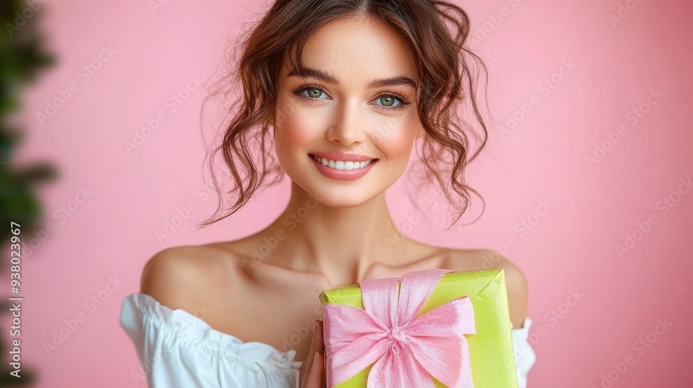 sweet shiny lady with present box on a pink background