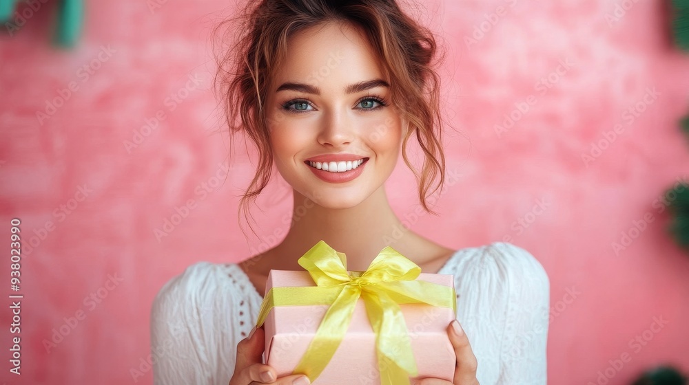 sweet shiny lady with present box on a pink background sweet shiny lady with present box on a pink background