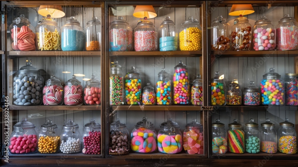 Obraz premium A candy store display with shelves lined with jars of assorted colorful sweets, from gumdrops to lollipops