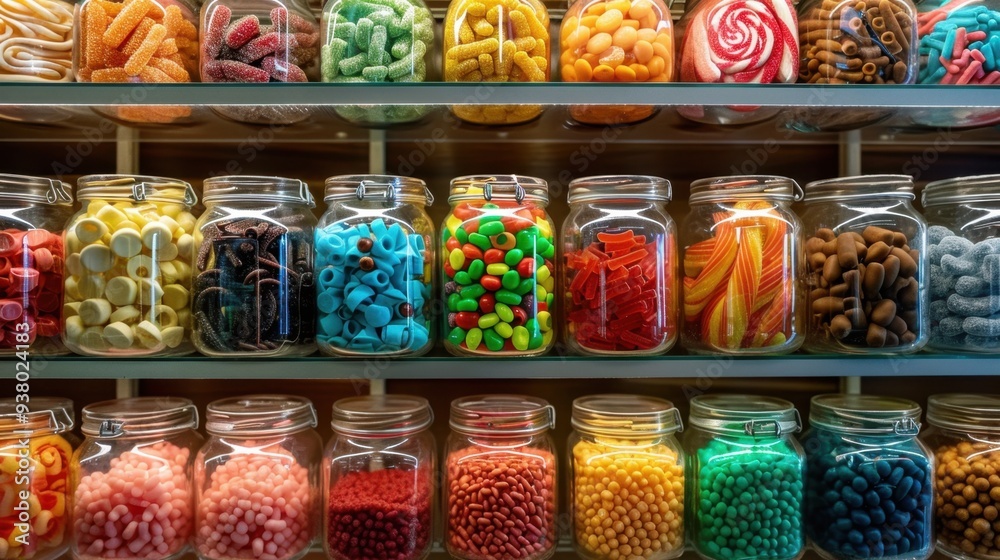 A candy store shelf filled with jars of brightly colored candies, from licorice twists to sour belts A candy store shelf filled with jars of brightly colored candies, from licorice twists to sour belts