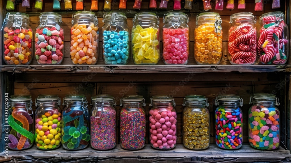A candy store shelf filled with jars of brightly colored candies, from licorice twists to sour belts A candy store shelf filled with jars of brightly colored candies, from licorice twists to sour belts
