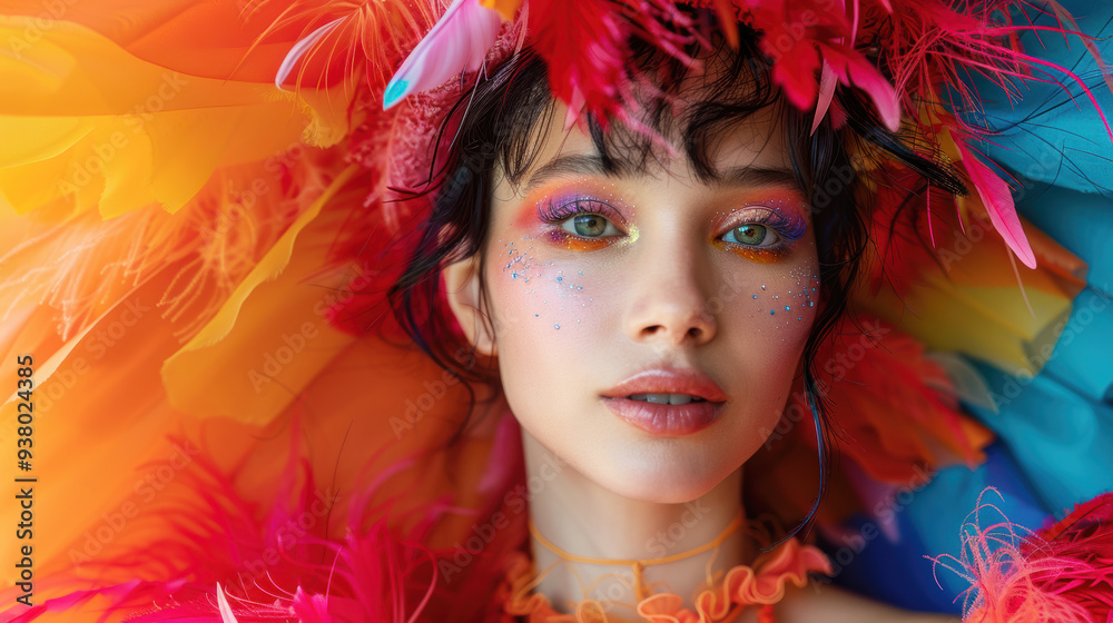 Beautiful caucasian young woman colorful make up with accessories fantasy colorful feathers clothes for celebration and festival in carnival Beautiful caucasian young woman colorful make up with accessories fantasy colorful feathers clothes for celebration and festival in carnival