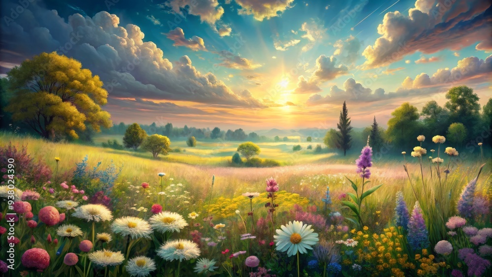 Naklejka premium Softly blended watercolor hues depict a serene meadow scene with delicate wildflowers, lush greenery, and gentle clouds drifting across a warm, sunny sky.