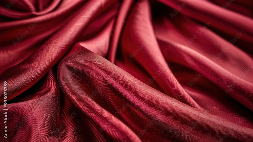 A close-up of a finely woven silk fabric in a deep ruby red, with its smooth, flowing texture A close-up of a finely woven silk fabric in a deep ruby red, with its smooth, flowing texture