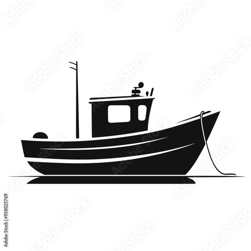 fisherman, fish, fisher, fisherboat, fish boat, bucket, fishbucket, fishing rod, rod, sea, sealife, vector graphic black and white