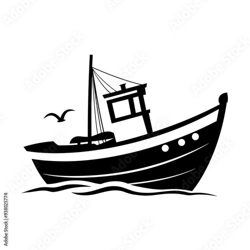 fisherman, fish, fisher, fisherboat, fish boat, bucket, fishbucket, fishing rod, rod, sea, sealife, vector graphic black and white