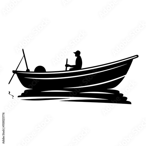 fisherman, fish, fisher, fisherboat, fish boat, bucket, fishbucket, fishing rod, rod, sea, sealife, vector graphic black and white