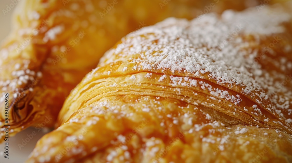 A close-up of a golden, flaky apple turnover dusted with powdered sugar A close-up of a golden, flaky apple turnover dusted with powdered sugar