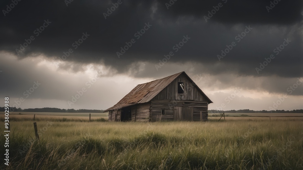 Weathered Old Barn Standing Tall Amidst Dramatic Storm Clouds in Rural Countryside Landscape. Weathered Old Barn Standing Tall Amidst Dramatic Storm Clouds in Rural Countryside Landscape.