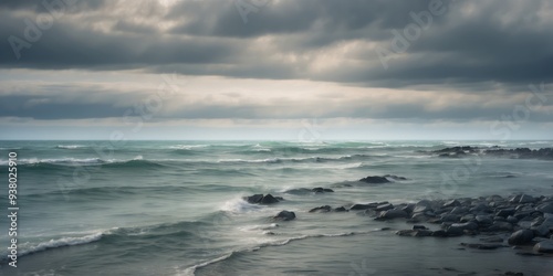 A monochromatic landscape depicting a cloudy seascape.