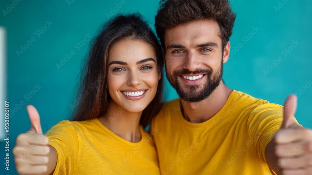 smiling young couple showing thumb up smiling young couple showing thumb up