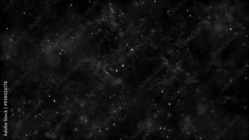Abstract dust particles floating in the air, on black background. Slow motion. Moving hovering dust particles, animated overlay effect of flying golden particles. Looping animation. 4k footage