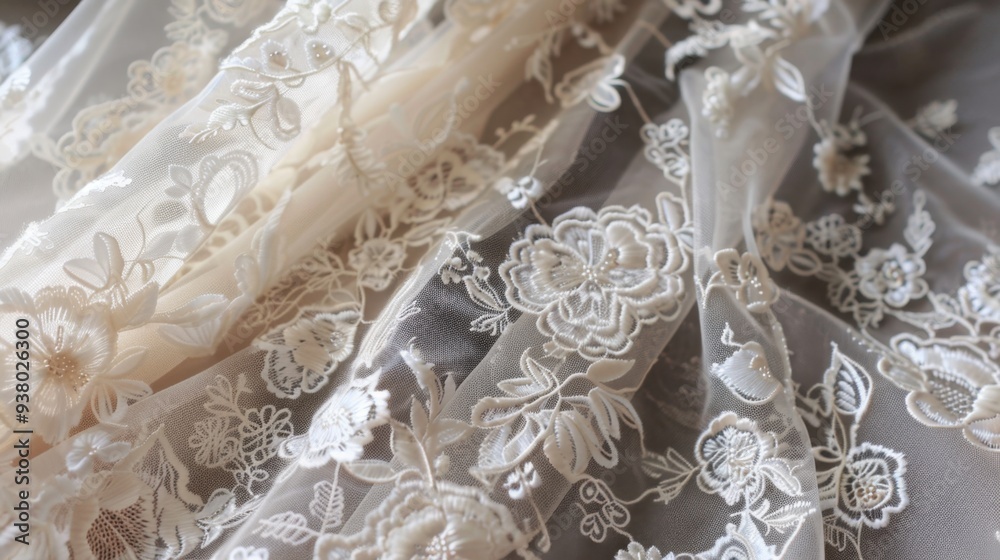 A close-up of a lace fabric in a delicate ivory, with its intricate floral patterns adding elegance A close-up of a lace fabric in a delicate ivory, with its intricate floral patterns adding elegance