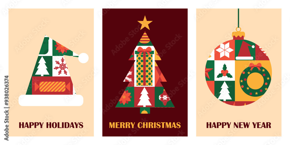 Set of modern geometric posters for Merry Christmas and Happy New Year. Design template for invitation, greeting card, banner. Vector illustration Set of modern geometric posters for Merry Christmas and Happy New Year. Design template for invitation, greeting card, banner. Vector illustration