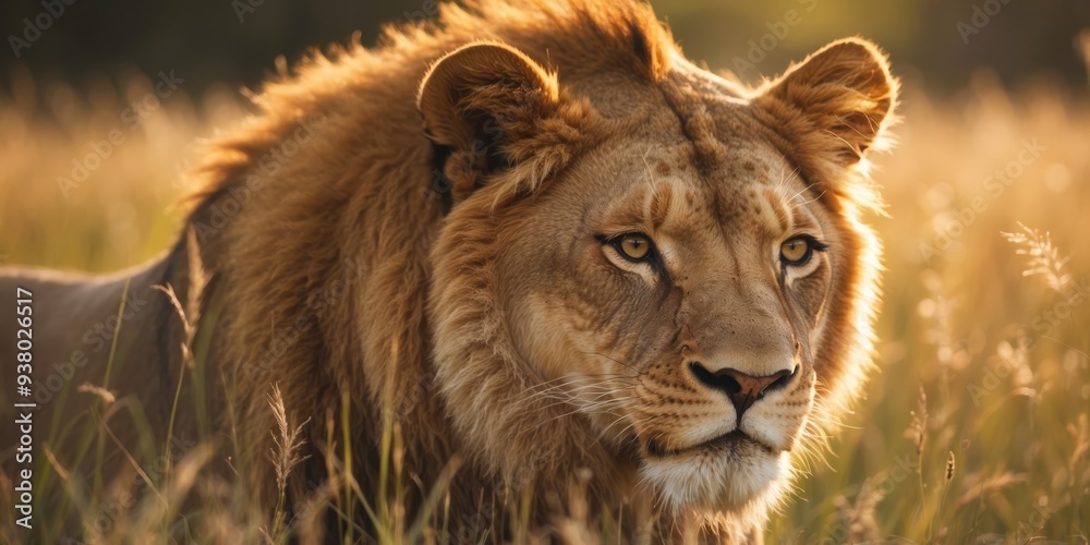 Obraz premium A tight shot of a lion in a sea of tall grasses, bathed in sun rays as it reaches his radiant face.