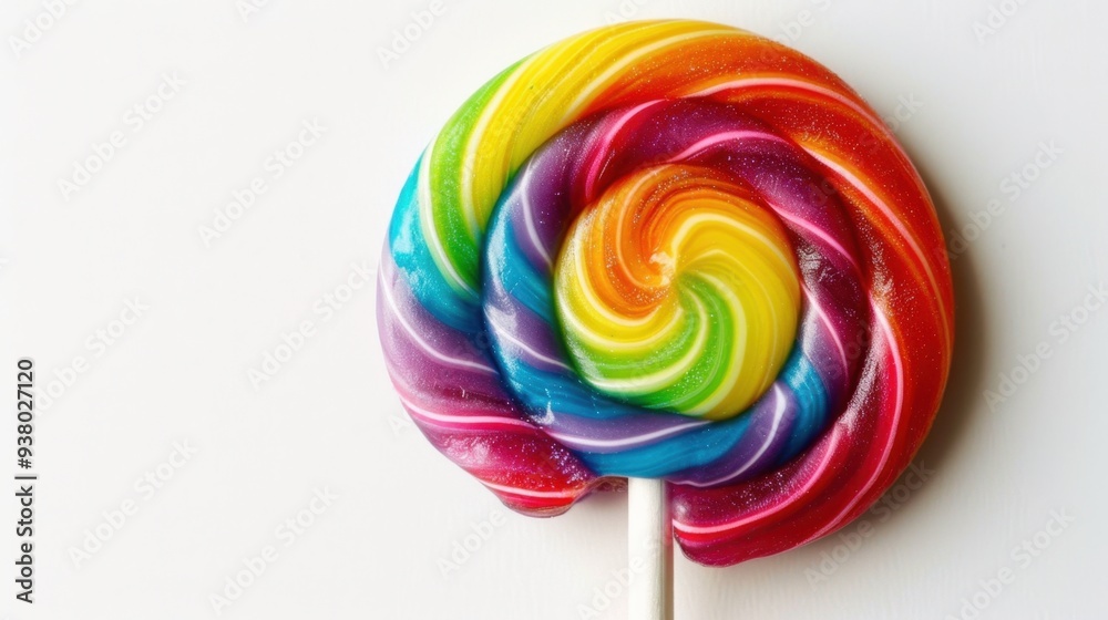 A close-up of a rainbow-colored lollipop spiraled with bright, vibrant hues against a white background A close-up of a rainbow-colored lollipop spiraled with bright, vibrant hues against a white background