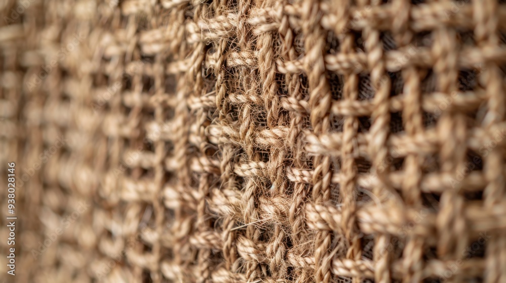 A close-up of a woven jute fabric in a neutral tone, with its coarse, rustic weave creating texture A close-up of a woven jute fabric in a neutral tone, with its coarse, rustic weave creating texture