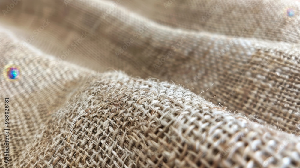 A close-up of a woven jute fabric in a neutral tone, with its coarse, rustic weave creating texture A close-up of a woven jute fabric in a neutral tone, with its coarse, rustic weave creating texture