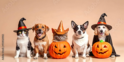 Flat Candid Halloween Pet Costume Contest concept as A candid shot of pets dressed in Halloween costumes eagerly participating in a contest. The scene captures the humor and excitement ideal for ads p photo