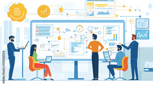 Diverse team analyzes complex data on interactive digital screen, collaborating in modern office setting with vibrant graphics and analytics displays.