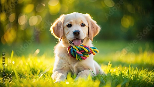 Adorable golden retriever puppy holds a colorful rope toy in its mouth, sitting on a green grassy lawn with a blurred background on a sunny day. photo