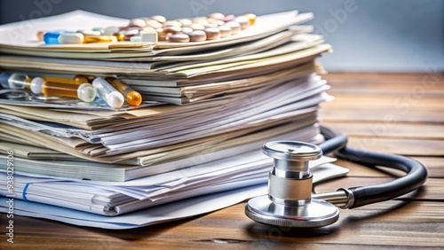 Stack of unpaid medical bills and receipts cluttering a desk, surrounded by stethoscope and prescription medication, highlighting the financial burden of healthcare. photo