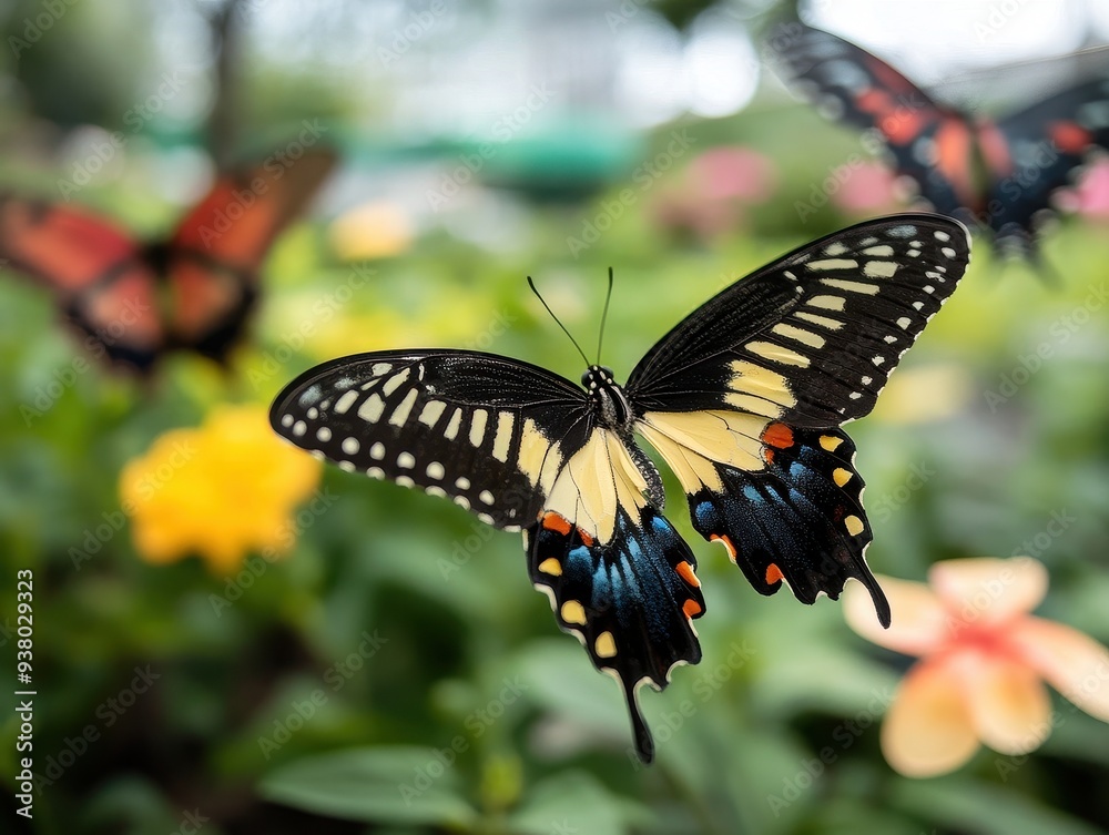 Beautiful Close-Up of Colorful Butterflies in a Lush Garden with Vibrant Flowers and Greenery Beautiful Close-Up of Colorful Butterflies in a Lush Garden with Vibrant Flowers and Greenery