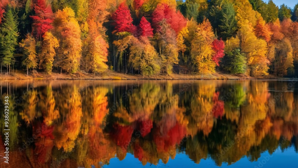 Fototapeta premium Vivid Autumn Forest Reflections in Calm Lake