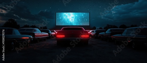 Classic Drive-In Movie Theater at Night with Vintage Cars Under a Starry Sky