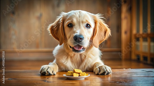 Adorable golden retriever puppy sitting on a wooden table, gently holding a crunchy biscuit in its mouth, surrounded by scattered treats and crumbs. photo