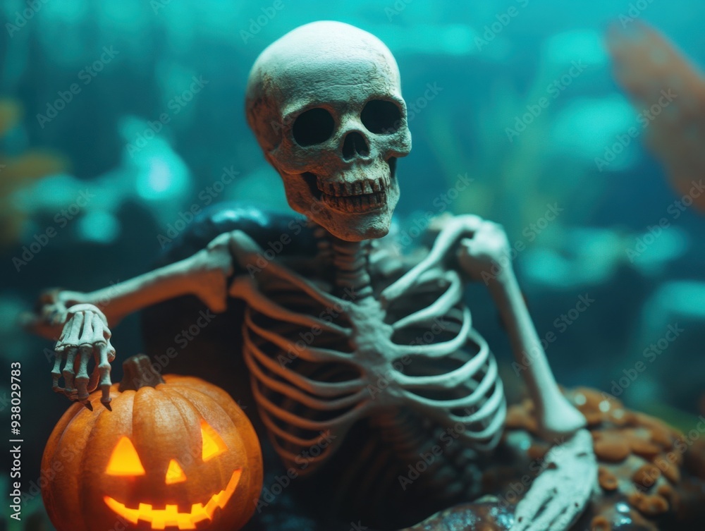 Skeleton mermaid with pumpkin lantern, undersea Halloween scene, 3D illustration Skeleton mermaid with pumpkin lantern, undersea Halloween scene, 3D illustration
