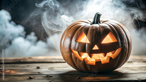 Flat Glossy Jack o Lantern Background with Smoke concept as A glossy background featuring a glowing jack o lantern with swirling smoke in a dark spooky setting. Ideal for Halloween themed advertisemen photo