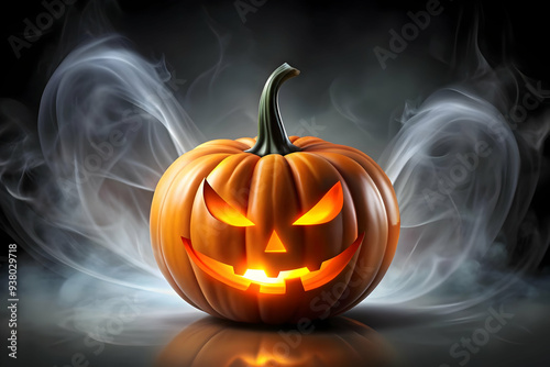 Flat Glossy Jack o Lantern Background with Smoke concept as A glossy background featuring a glowing jack o lantern with swirling smoke in a dark spooky setting. Ideal for Halloween themed advertisemen photo