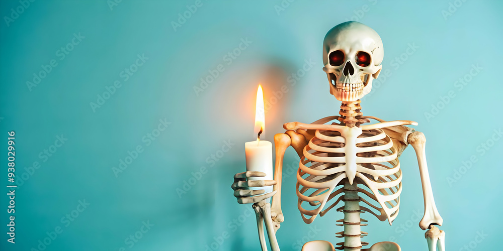 Flat Glossy Skeleton Background with Candles concept as A glossy background featuring a skeleton holding a candle in a dark eerie room. The scene is ideal for horror themed Halloween advertisements or Flat Glossy Skeleton Background with Candles concept as A glossy background featuring a skeleton holding a candle in a dark eerie room. The scene is ideal for horror themed Halloween advertisements or