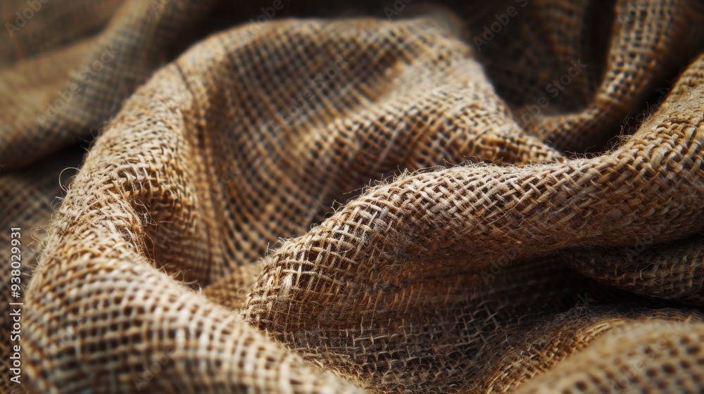 A close-up of rustic burlap fabric, showcasing its coarse weave and earthy, natural tones A close-up of rustic burlap fabric, showcasing its coarse weave and earthy, natural tones