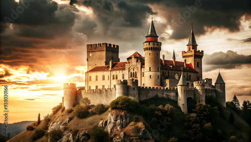 Flat Glossy Vampire Castle Background at Dusk concept as A glossy background featuring a vampire castle perched on a hill with a glowing red sky at dusk. The scene is perfect for setting a spooky yet 