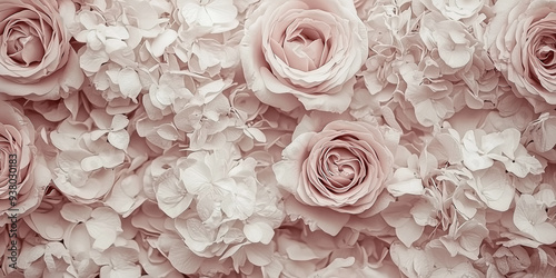 Delicate blush-toned roses and hydrangeas romantic floral tapestry, showcasing soft petals and subtle variations in pastel pink hues.