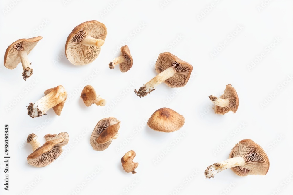 A collection of wild mushrooms scattered gracefully on a clean white surface. These earthy, organic shapes add a touch of nature. Perfect for culinary or design purposes. Generative AI A collection of wild mushrooms scattered gracefully on a clean white surface. These earthy, organic shapes add a touch of nature. Perfect for culinary or design purposes. Generative AI