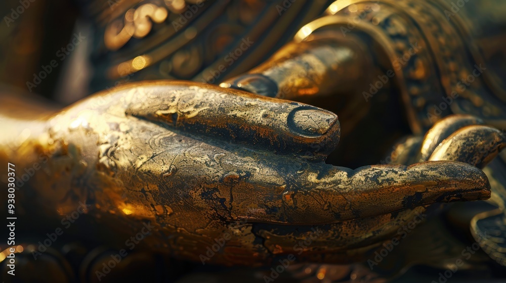 A close-up of the hand of a golden Buddha statue, resting in a meditative mudra A close-up of the hand of a golden Buddha statue, resting in a meditative mudra