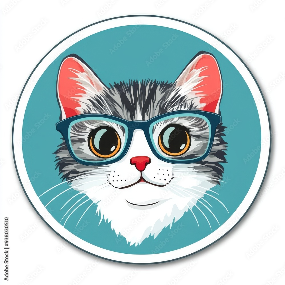 Sticker of a cat wearing rectangular glasses in circle shape, cute cartoon, flat vector illustration, on white background, digital sticker, clipart, icon Sticker of a cat wearing rectangular glasses in circle shape, cute cartoon, flat vector illustration, on white background, digital sticker, clipart, icon