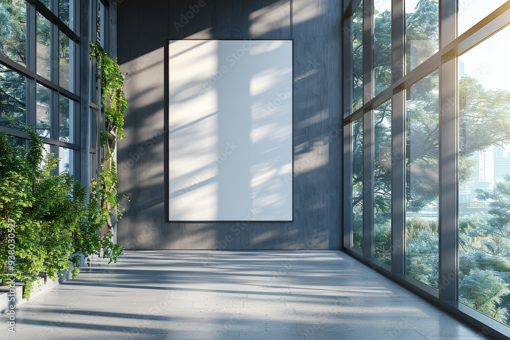 Empty white poster frame on wall in minimalist modern building interior with light concrete flooring, illuminated by natural sunlight through large windows and a minimalistic tree outside. Empty white poster frame on wall in minimalist modern building interior with light concrete flooring, illuminated by natural sunlight through large windows and a minimalistic tree outside.