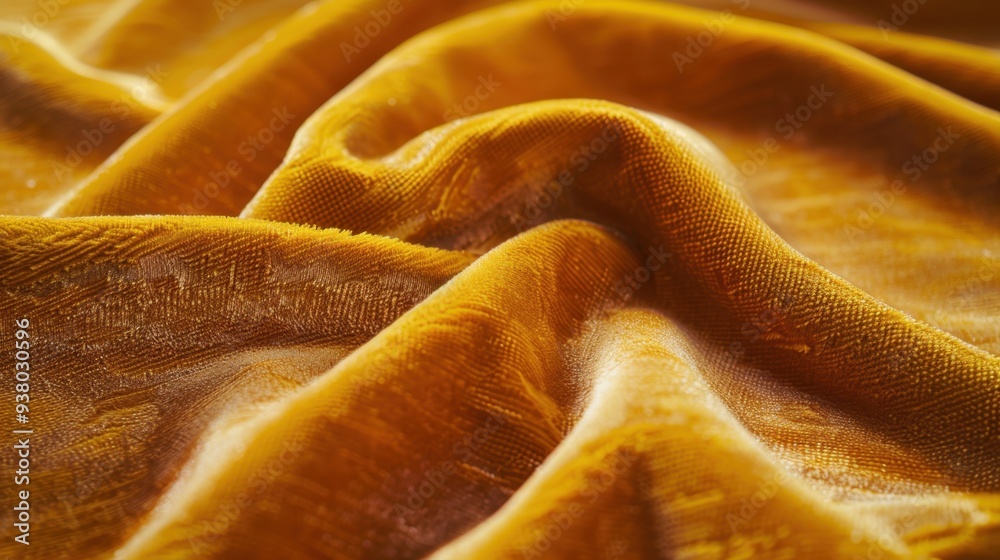 A close-up of velvet fabric in a rich mustard yellow, with its soft, plush texture catching the light A close-up of velvet fabric in a rich mustard yellow, with its soft, plush texture catching the light