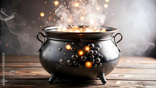 Flat Glossy Witchs Cauldron Background with Glowing Bubbles concept as A glossy background featuring a witchs cauldron with glowing bubbles rising into the dark night. Perfect for Halloween party invi photo