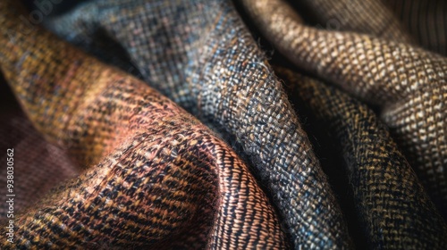 A close-up of tweed fabric in rich, earthy tones, with its textured weave and subtle color variations